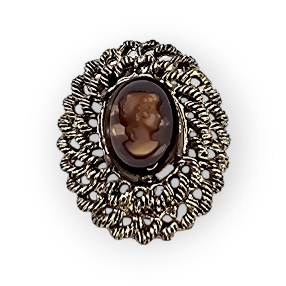Cameo Portrait Brooch Gold Tone Filigree Ornate Victorian Style Romantic Vintage
